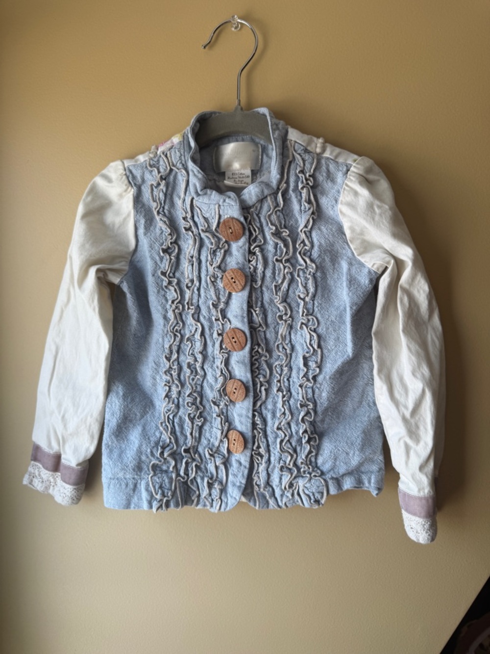 SweetHoney Girls Chambray Ruffle Jacket Floral Back |  Wood Buttons Size 5